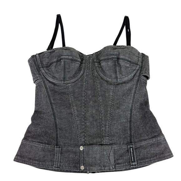 D&G Dolce & Gabbana Bustier Corset Top Grey Denim Black Lace Trim Sz S Vintage - Picture 1 of 16
